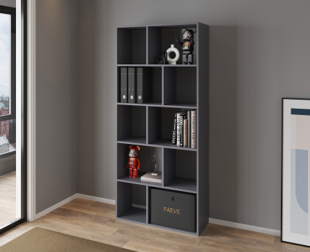 VISKONTA 10-shelf shelving unit, 1930x700x300 mm (for offices, for home, for books, for toys) Bookcase (Graphite) - 4